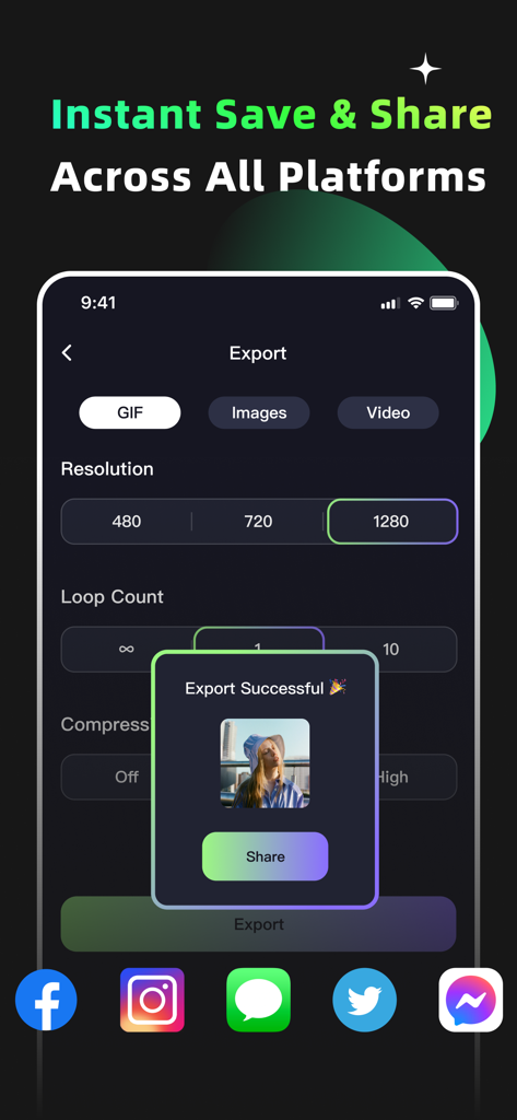GIF Maker & Editor Pro - Export settings and social media sharing options in GIF Maker Pro app