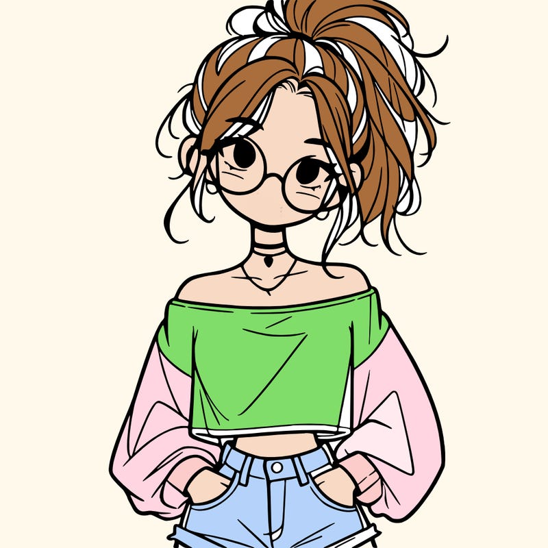 girl with a messy ponytail glasses a baggy crop top and jean shorts