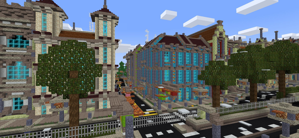 PrimalСraft 3D: Block Building - Una ciudad moderna detallada construida con bloques en 3D con edificios altos, carreteras y árboles en PrimalCraft