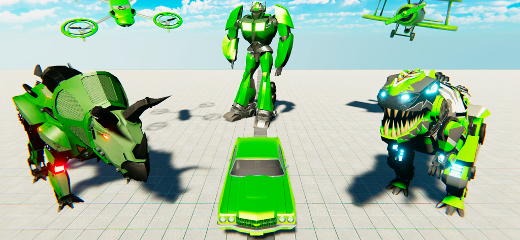 MegaBot - Robot Car Transform - Various green robot transformations including a car and mechanical dinosaurs