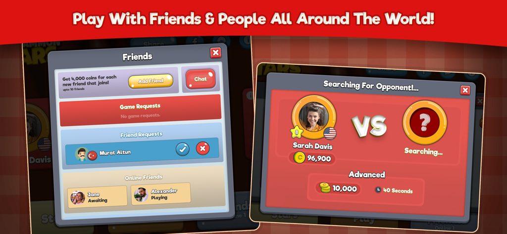 Interface of Backgammon Stars showing a friends list management screen and an opponent matchmaking screen.