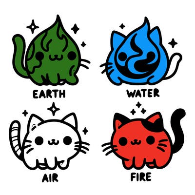 4 cats that represent the different elements, earth, water, air, and fire