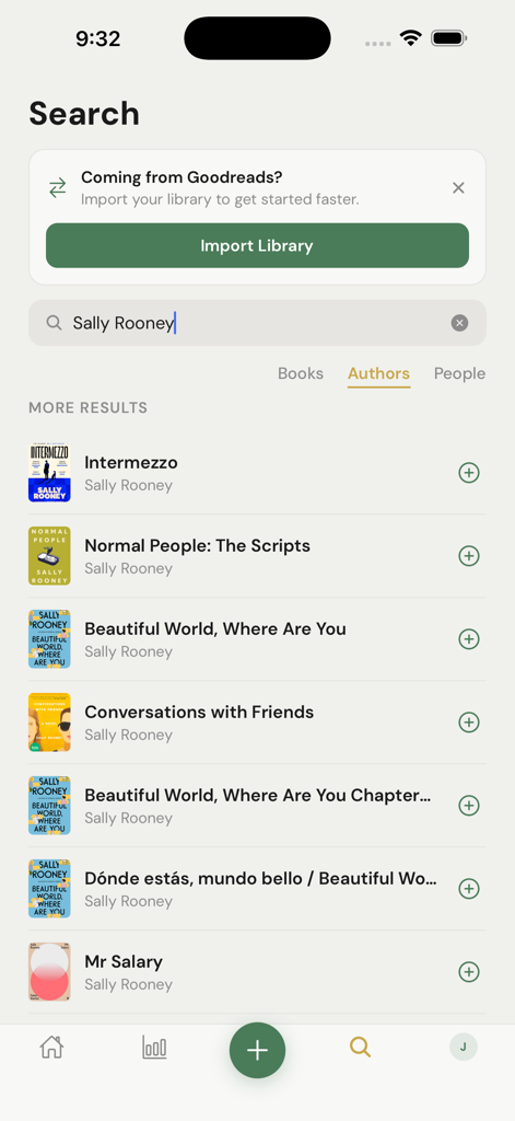 PagePact - Resultados de pesquisa de Sally Rooney no aplicativo PagePact mostrando listagens de livros e um banner de importação do Goodreads.