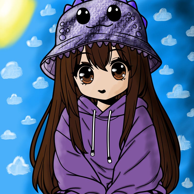 girl with anime shaped eyes with a dinosaur bucket hat oversized sweatshirt long straight hair