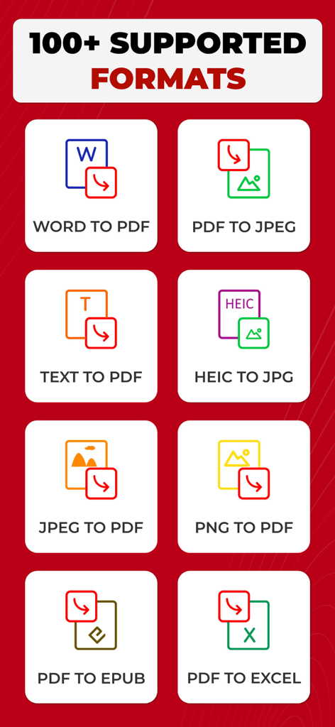 PDF Converter: Photo to PDF ! - A list of document conversion options including Word to PDF and PDF to Excel