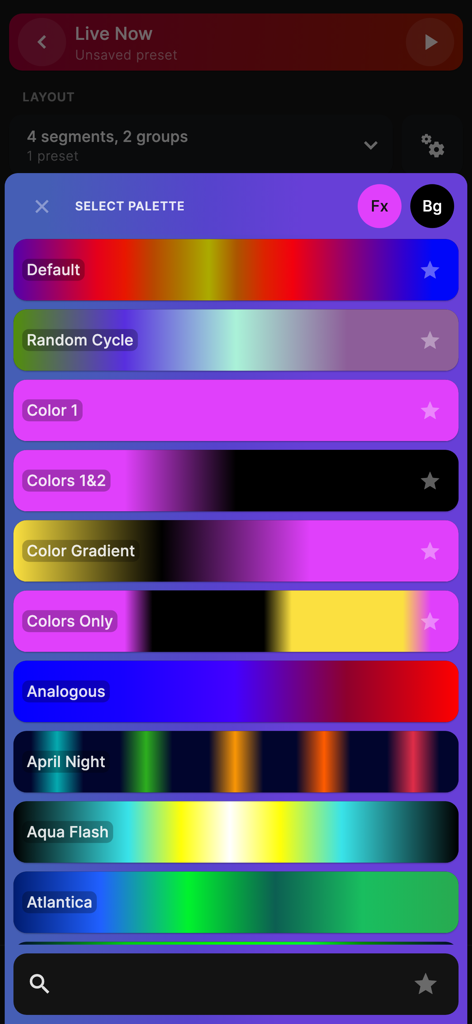 WLED+ - A menu in the WLED plus app showing various colorful lighting palette previews like April Night and Aqua Flash