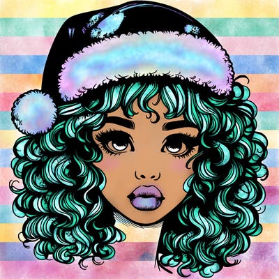 realistic girl with a santa hat curly hair and lips