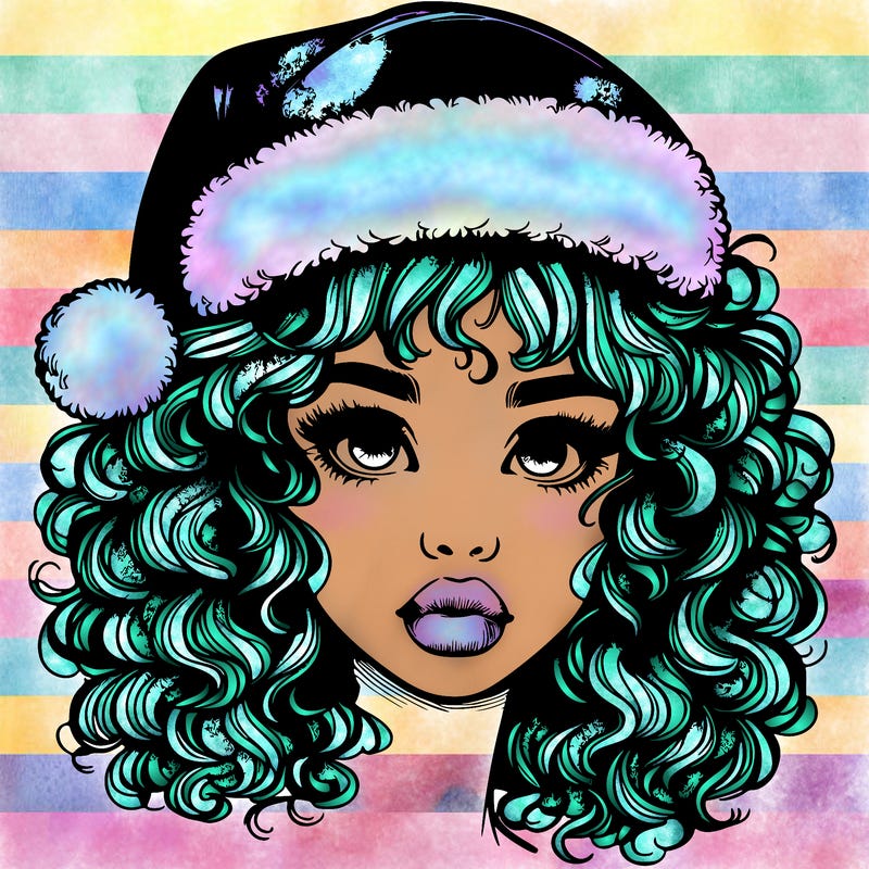 realistic girl with a santa hat curly hair and lips