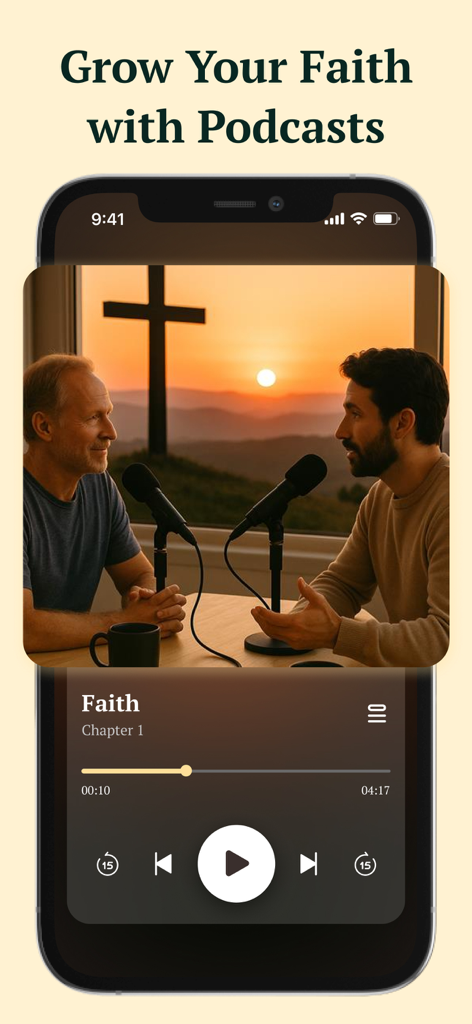 Path: Heaven bible Chat, Study - A mobile screen showing a Christian podcast player with two men talking about faith during sunset with a cross in the background.
