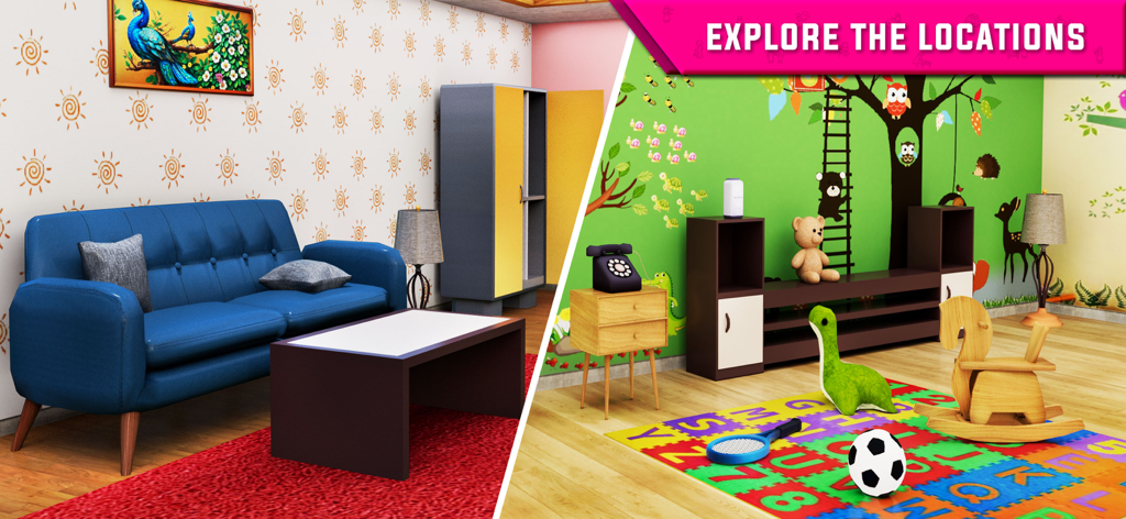 Mother Simulator:Mom Life Game - Split screen showing a living room and a colorful playroom in Mother Simulator Mom Life Game