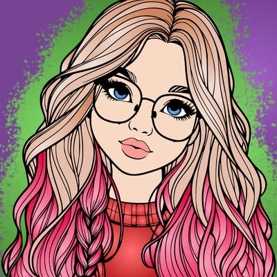girl with long hair and freckles and glasses realistic
