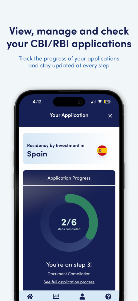 Holborn Assets - Holborn Assets mobile app interface for tracking Citizenship and Residency by Investment application progress