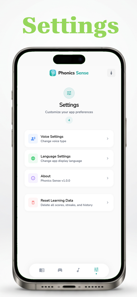 Phonics Sense - Tela de configurações do aplicativo Phonics Sense mostrando opções de configuração de voz e idioma