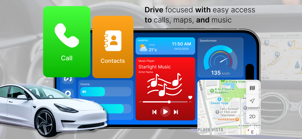 Entune app suite: Car Sync - Smartphone screen showing a digital car dashboard with call maps music and speedometer features
