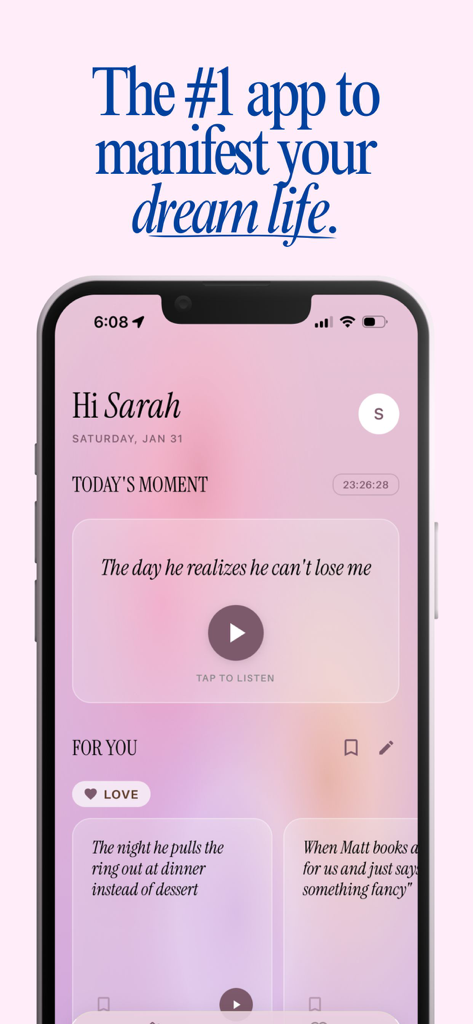 Stella mobile app interface showing personalized manifestation audio narratives on an aesthetic pink background