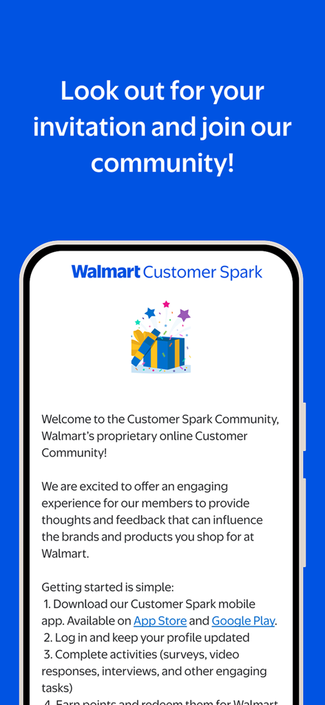 Customer Spark - Pantalla de bienvenida para la comunidad exclusiva de Walmart Customer Spark, solo por invitación, que muestra las recompensas y los pasos de participación.