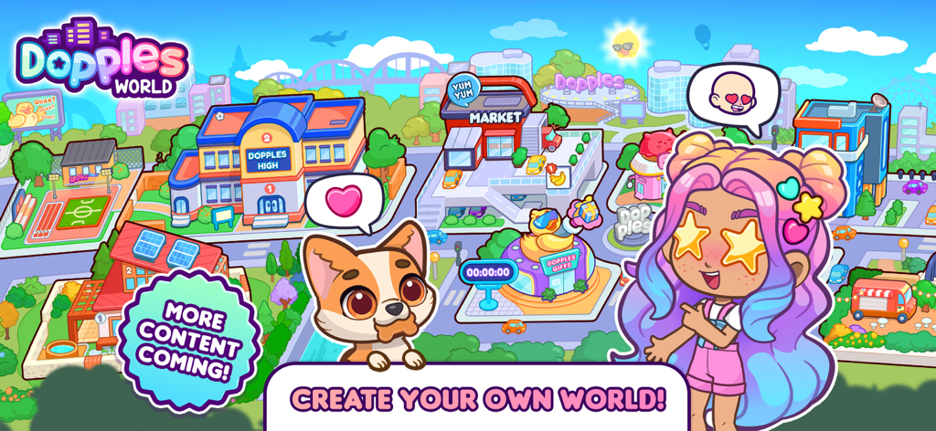 Dopples World - A colorful cartoon city map of Dopples World showing a school, market, and a stylish character with a dog.