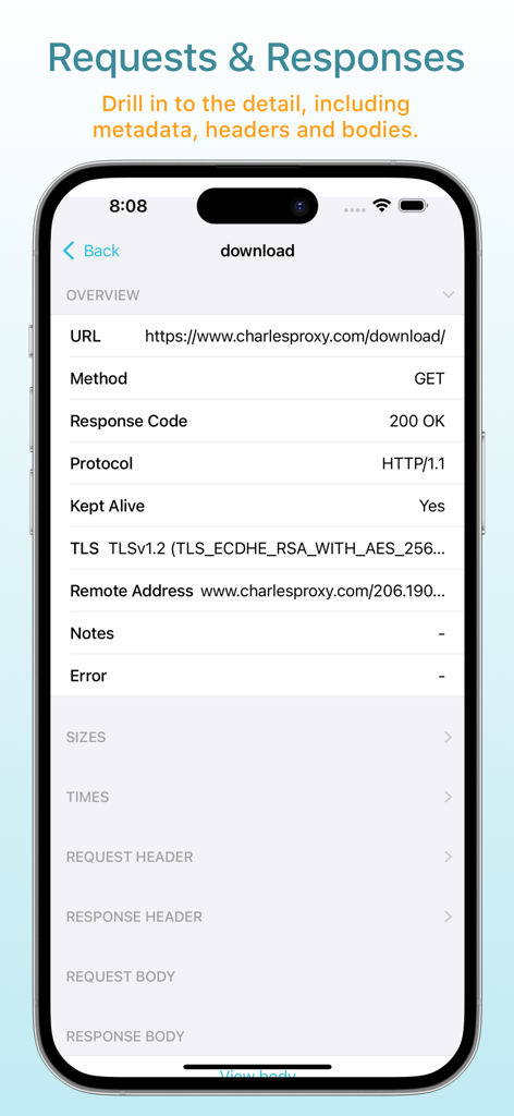 Charles Proxy - Interface of Charles Proxy for iOS showing detailed network request and response information including URL, method, and status code.