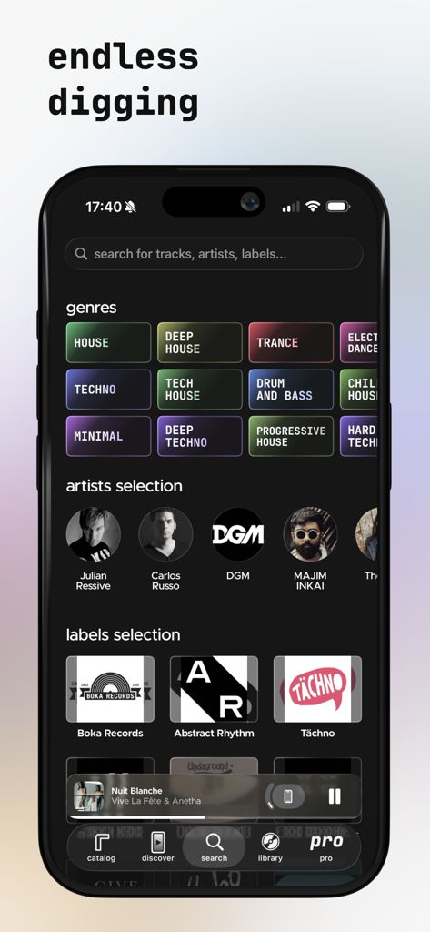 A smartphone screen displaying the Carbon app search interface with electronic music genres and artist selections.