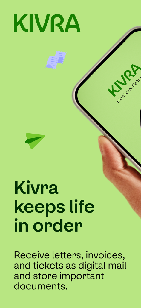 Kivra Suomi mobile app screen showing digital mail and document storage features