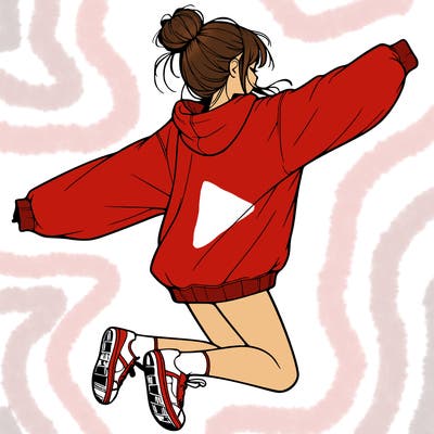 realistic girl jumping with a bun and oversized sweatshirt