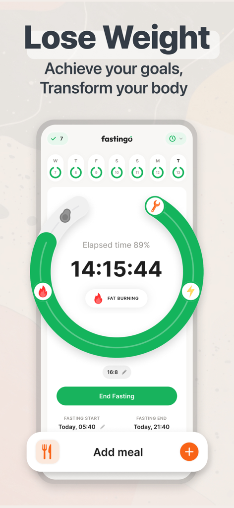 Fastingo: Intermittent Fasting - Interfaz de la app móvil Fastingo que muestra un temporizador activo de ayuno intermitente con el estado de quema de grasa y seguimiento del progreso