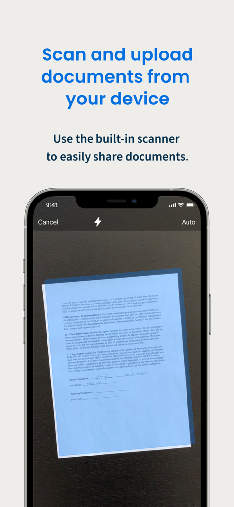 Clio for Clients - Clio for Clients app interface showing the built-in mobile document scanner feature