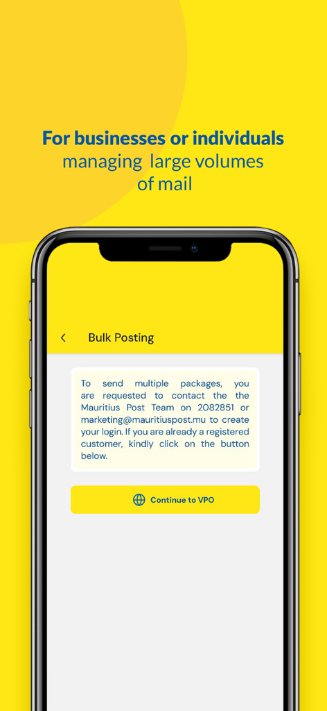 MauPost - MauPost-App-Bildschirm für Massenversanddienste für Unternehmen und Vielversender