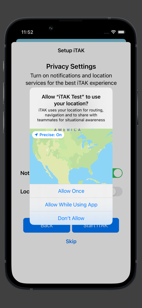 iTAK - iTAK app setup screen requesting location access for situational awareness