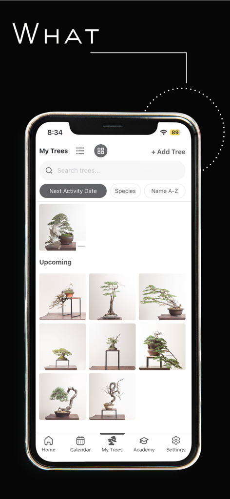 Mirai Mobile - Eine digitale Galerie in der Mirai Mobile App, die eine Sammlung verschiedener Bonsai-Bäume mit Sortier- und Suchoptionen zeigt.