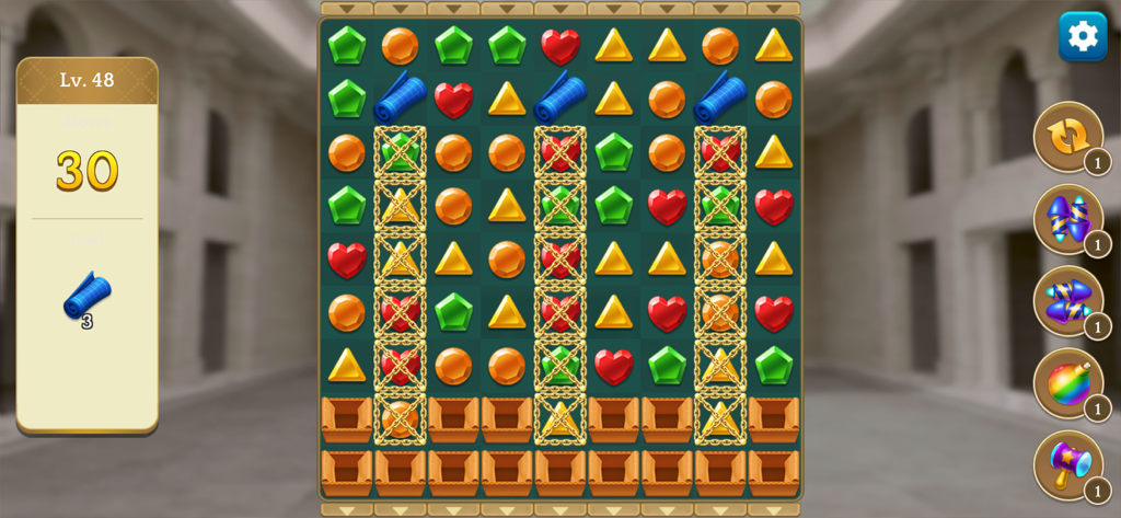 MyHome Design Hotel Renovation - Screenshot di gioco di un livello puzzle match-3 in MyHome Design Hotel Renovation che mostra pezzi colorati e potenziamenti di gioco