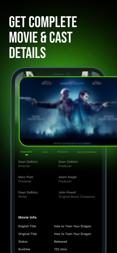 Screen of the WATCHED app showing detailed movie information including cast credits production roles and runtime.