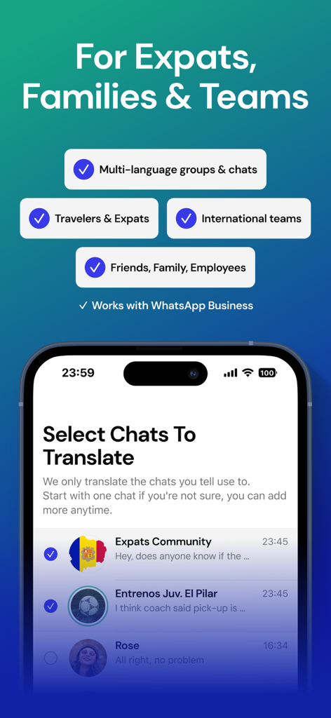 Interfaz de la aplicación WhatLingo que muestra una lista de chats de WhatsApp seleccionados para traducción en tiempo real para expatriados y equipos internacionales