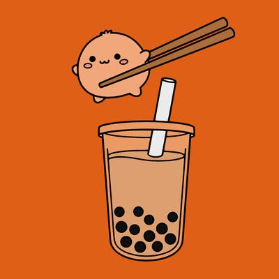 a baby mochi in chop sticks and boba tea