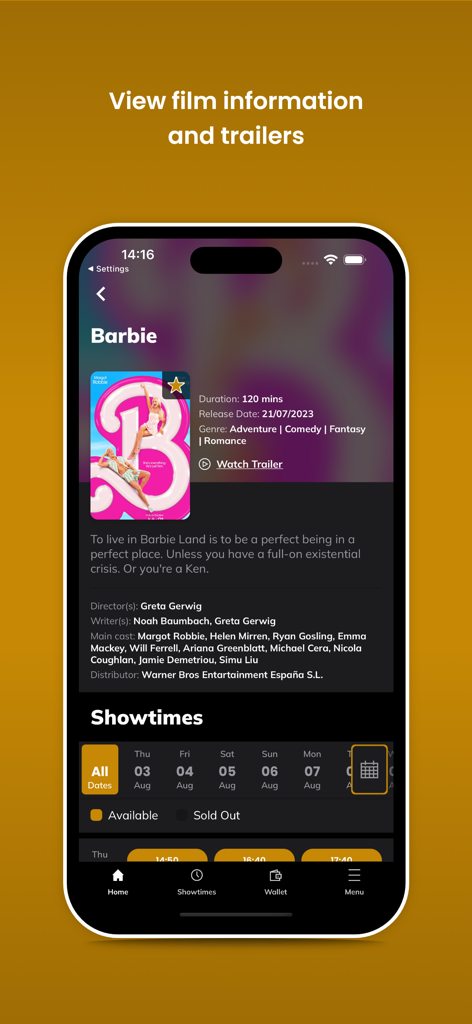 Eden Cinemas mobile app interface showing movie information, trailers, and showtime booking options