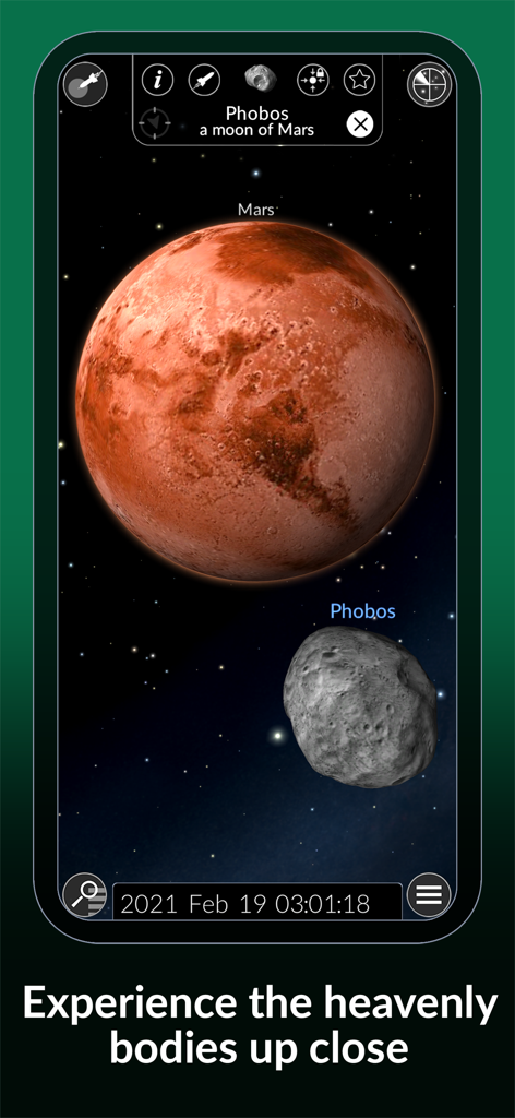 A close up 3D view of the planet Mars and its moon Phobos in the astronomy app The Sky by Redshift