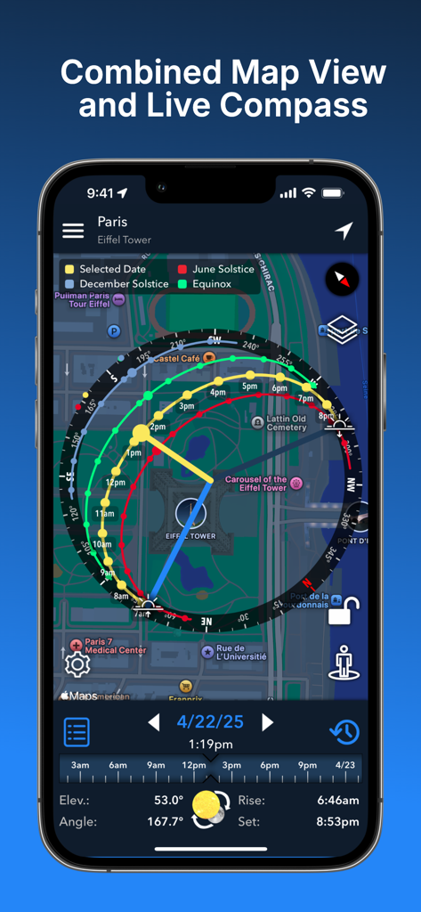 Aplicación Lumos mostrando una vista de mapa combinada y brújula en vivo de la trayectoria del sol sobre París