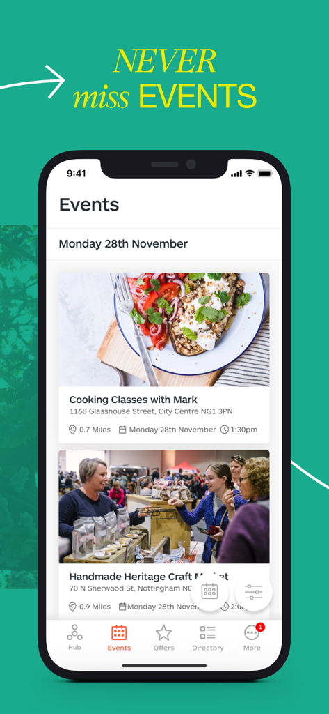 It's in Nottingham - 地元のコミュニティ活動や市場を表示するIts in Nottinghamアプリのイベントページのスクリーンショット
