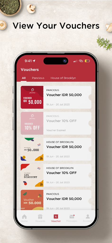 Pancious - A mobile screen showing a list of digital dining vouchers for Pancious and House of Brooklyn restaurants.