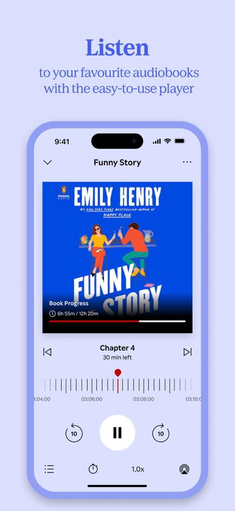 Kobo Books & Audiobooks - L'app Kobo Books mostra un'interfaccia di riproduzione audiolibri facile da usare