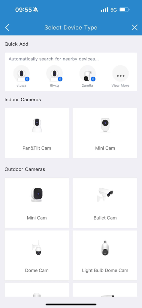 MIPC app interface showing indoor and outdoor security camera selection for DIY setup
