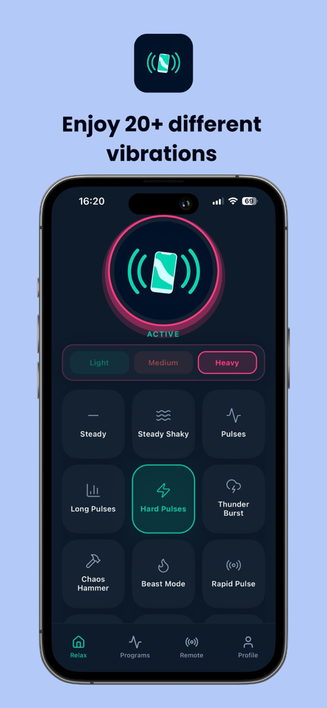 Tela do aplicativo MeTime Vibrator mostrando mais de 20 padrões de vibração e níveis de intensidade