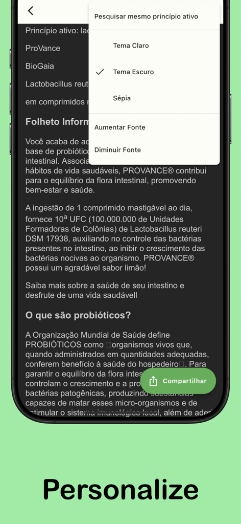 Guia de Bulas - Menu de personalização do aplicativo Guia de Bulas mostrando modo escuro e ajustes de tamanho de fonte em uma bula de medicamento.