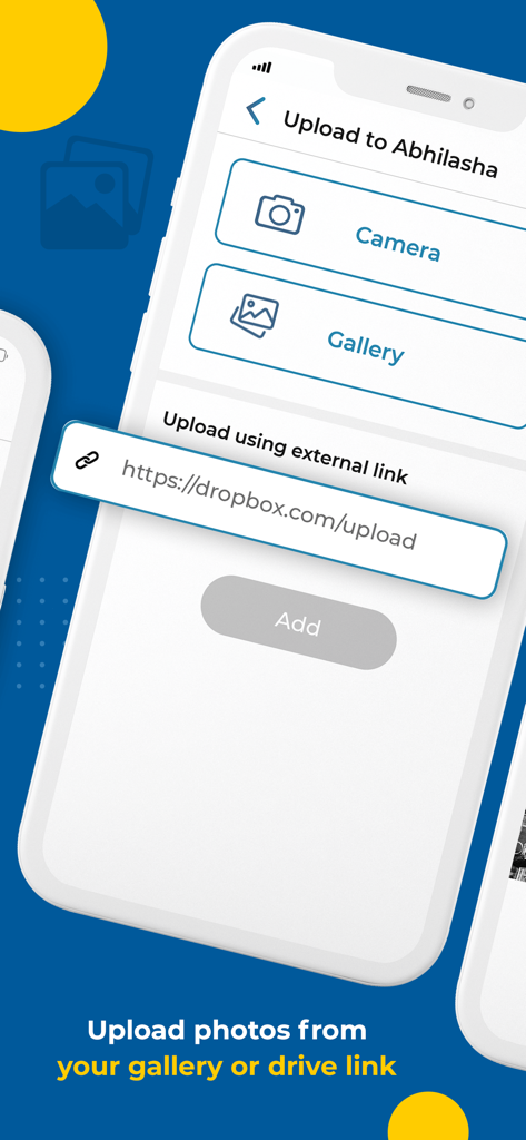 Kwikpic app screen showing photo upload options from gallery and external cloud links