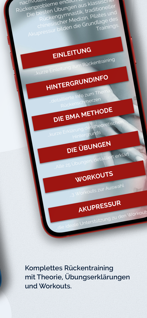 Hauptmenü der Dein Rückentraining-App mit Trainings- und Übungskategorien zur ganzheitlichen Linderung von Rückenschmerzen.