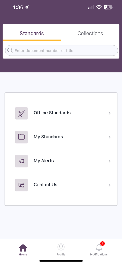 i2i - The i2i app dashboard showing search functionality and offline standards access for engineering and technical documents.