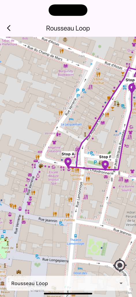 Dijon: The Owl's Trail - Interactive map screen from the Dijon The Owl's Trail app showing the Rousseau Loop walking tour route and points of interest.