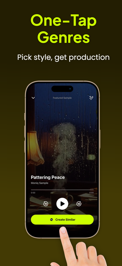 Moniq - Pantalla de smartphone mostrando la interfaz de la app Moniq para producción musical con IA de un toque y selección de género