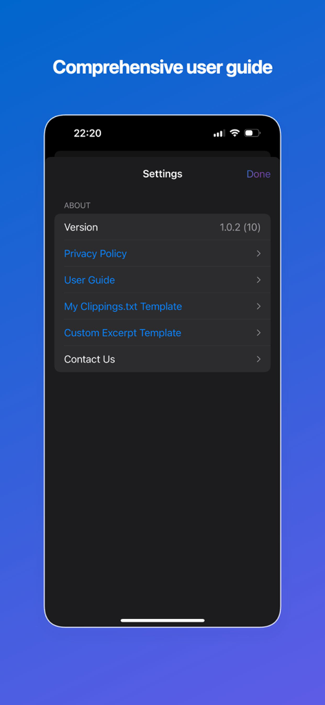 WordGlean - Kindle Highlights - Pantalla de configuración de la aplicación WordGlean que muestra información de la versión y una guía de usuario completa para resaltados de Kindle.