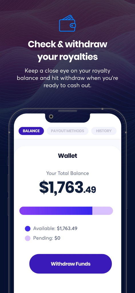 Ditto Music - Mobile interface of the Ditto Music app showing musician royalty balance and withdrawal options